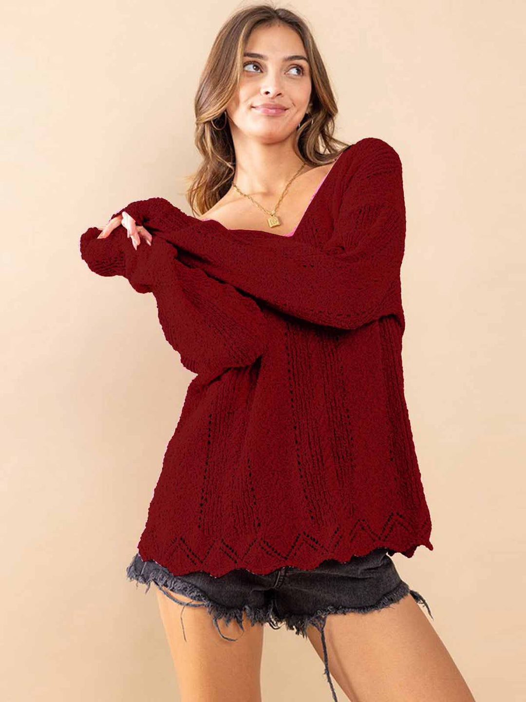 WOMEN'S LONG SLEEVE TRIM DETAILED KNIT SWEATER