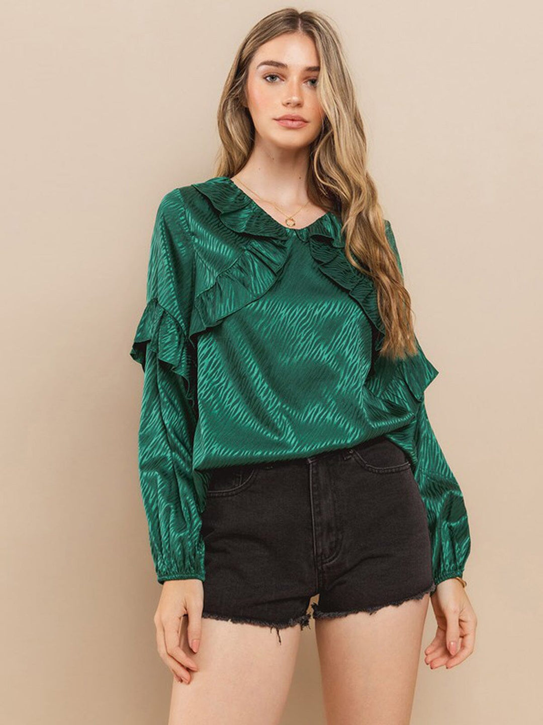 WOMEN'S LONG RUFFLE SLEEVE V-NECK BLOUSE TOP