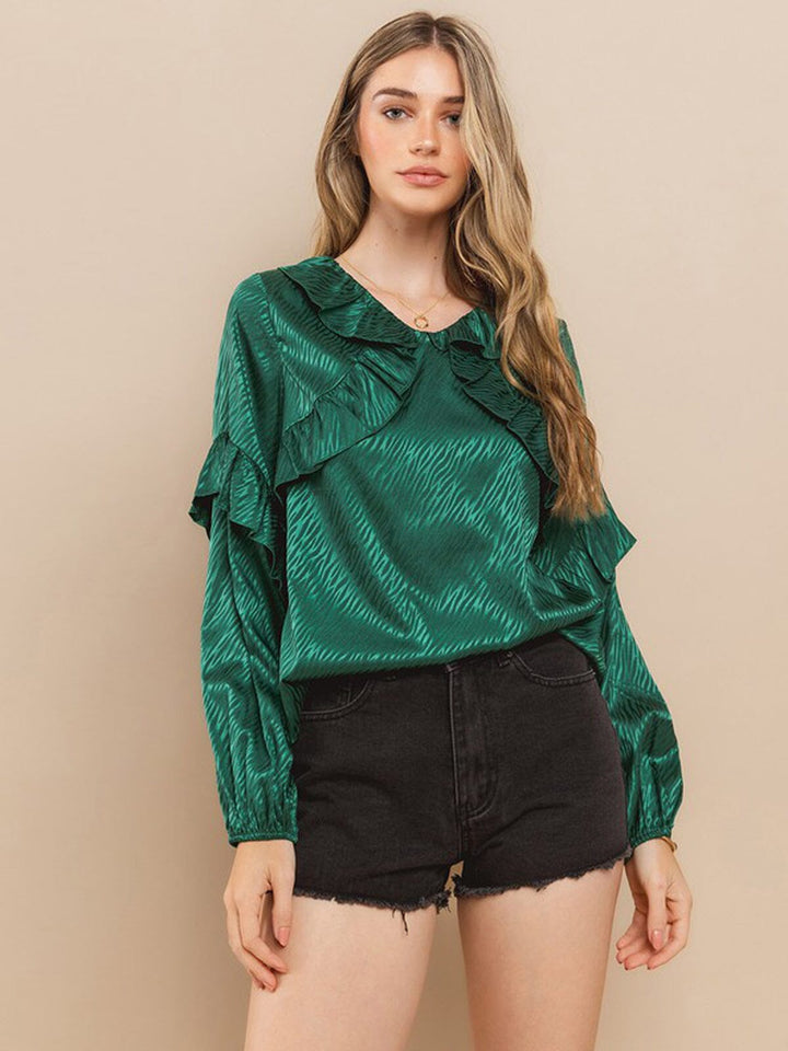WOMEN'S LONG RUFFLE SLEEVE V-NECK BLOUSE TOP