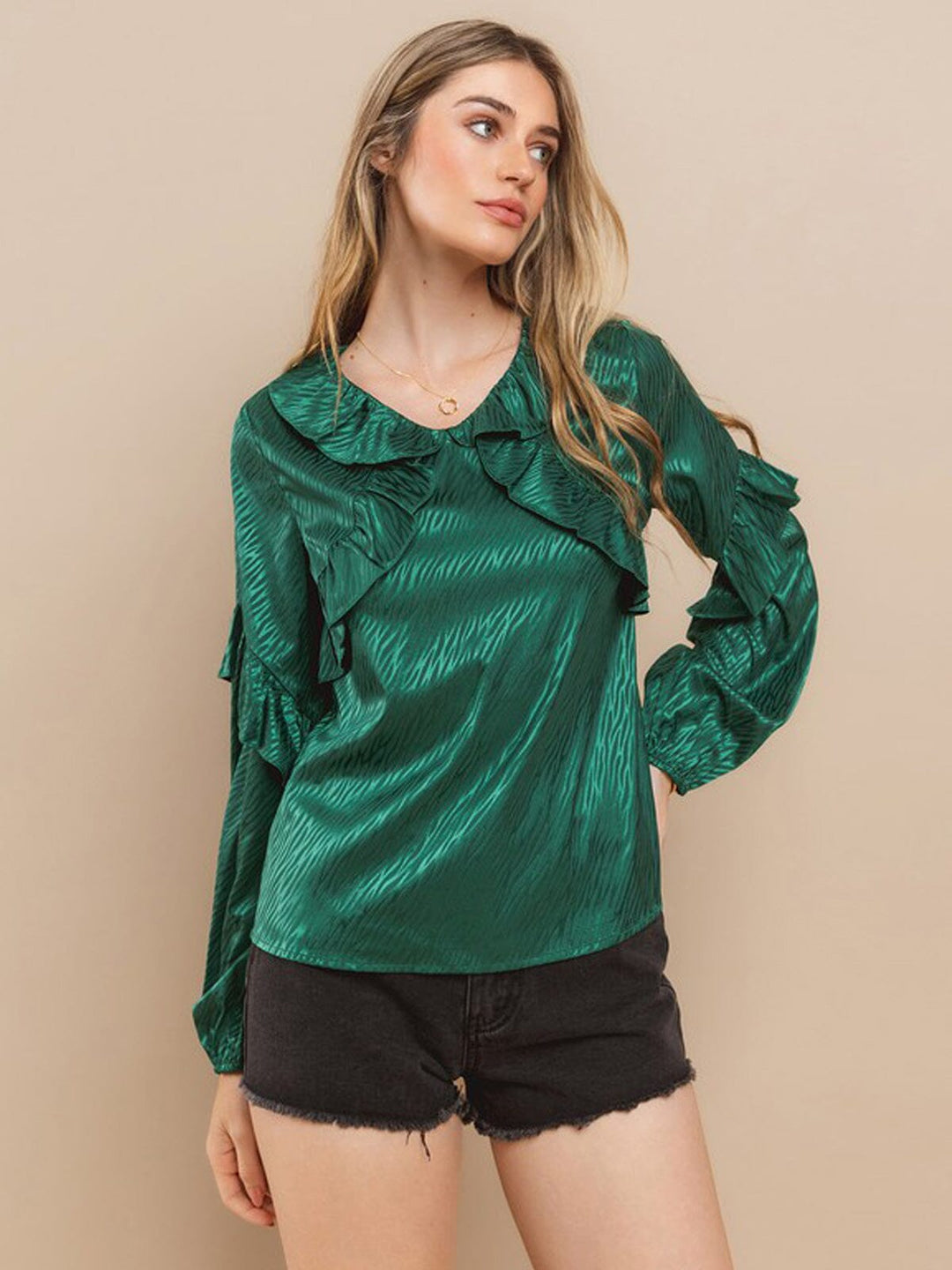 WOMEN'S LONG RUFFLE SLEEVE V-NECK BLOUSE TOP