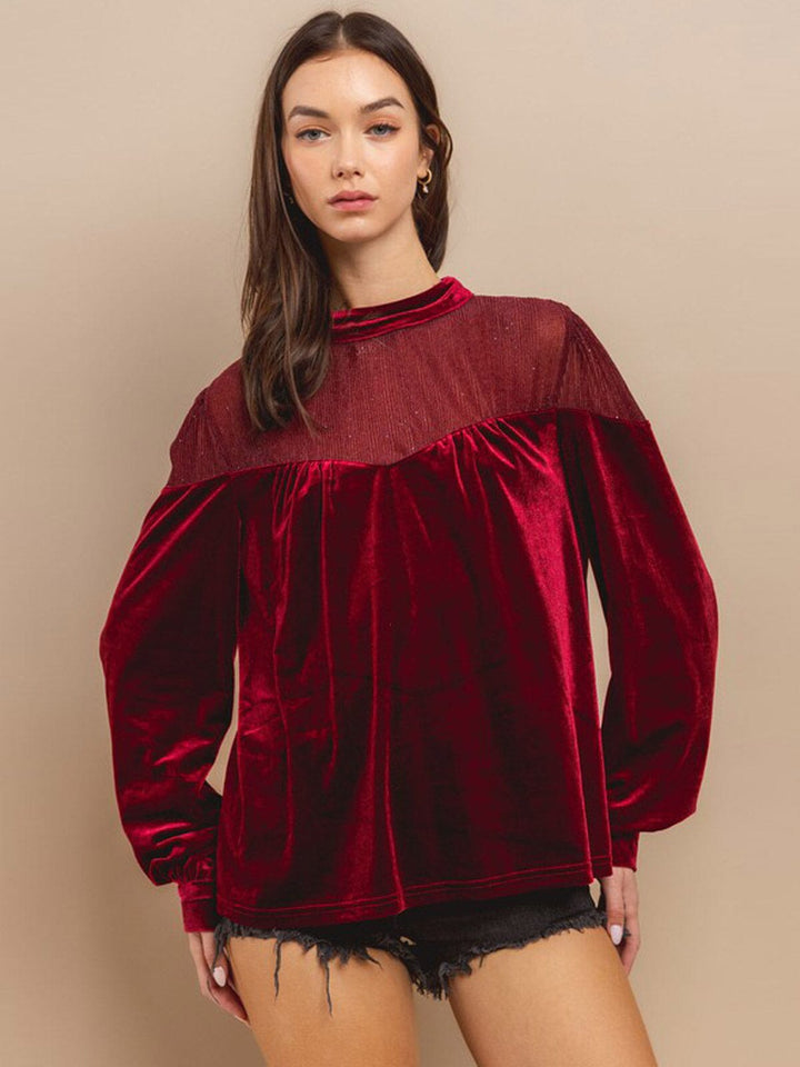 WOMEN'S LONG SLEEVE SHIMMER VELVET BLOUSE TOP