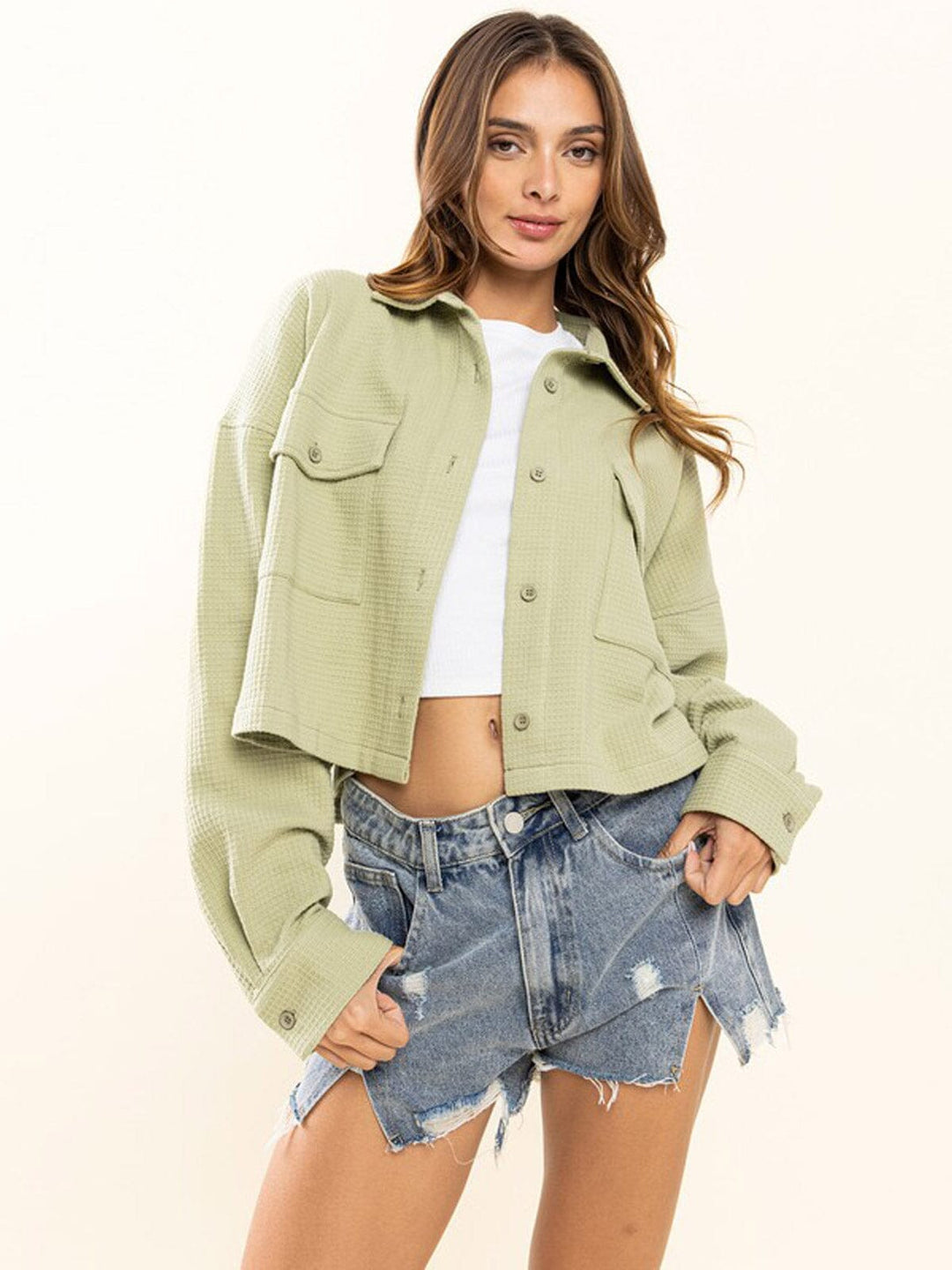 WOMEN'S LONG SLEEVE WAFFLE PRINT BUTTON UP TOP