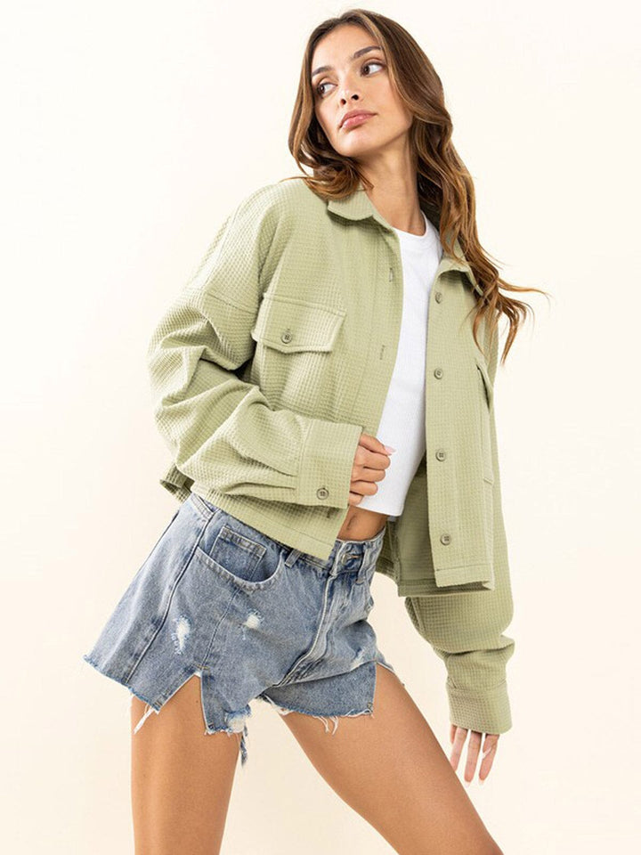 WOMEN'S LONG SLEEVE WAFFLE PRINT BUTTON UP TOP