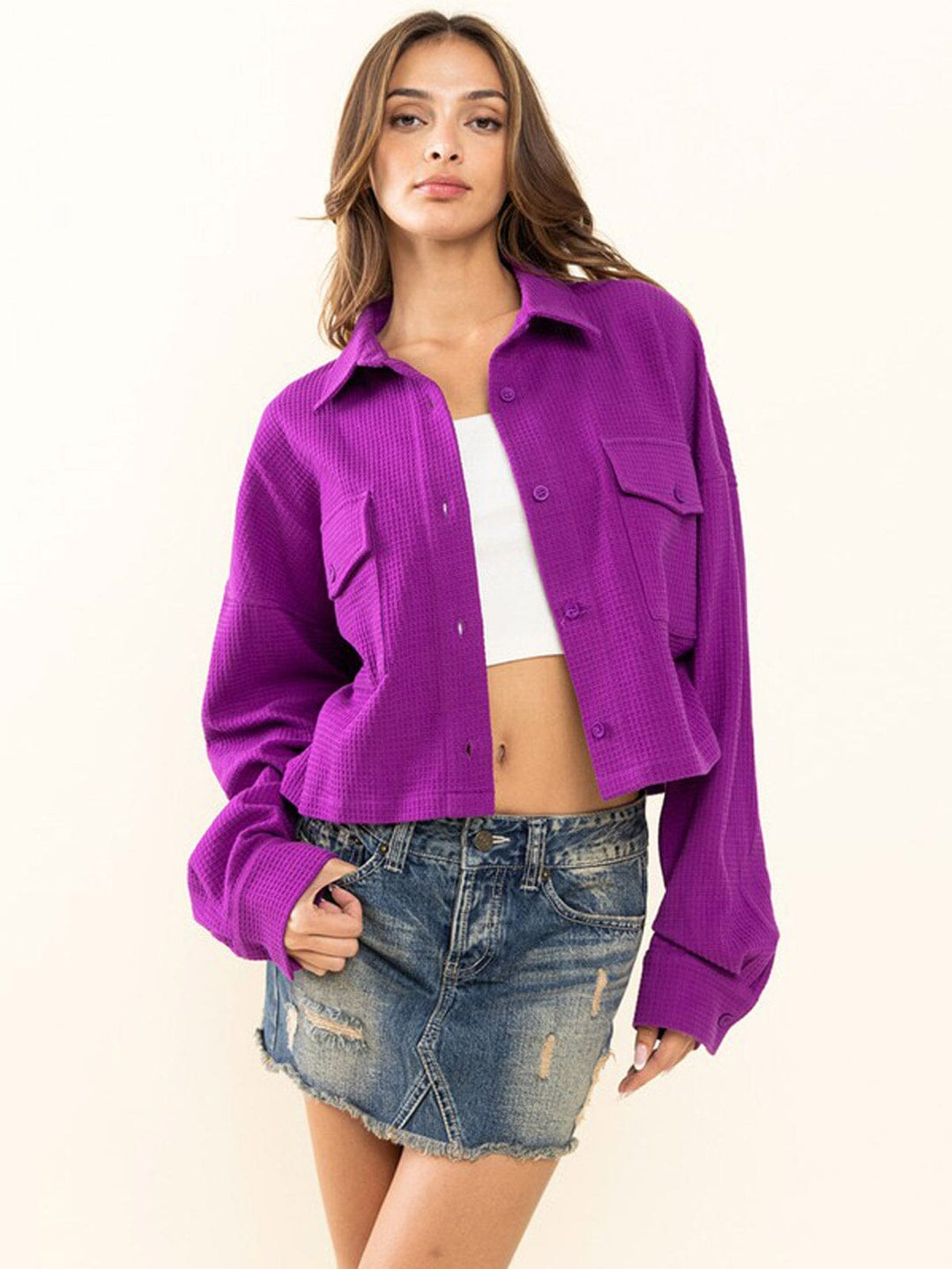 WOMEN'S LONG SLEEVE WAFFLE PRINT BUTTON UP TOP