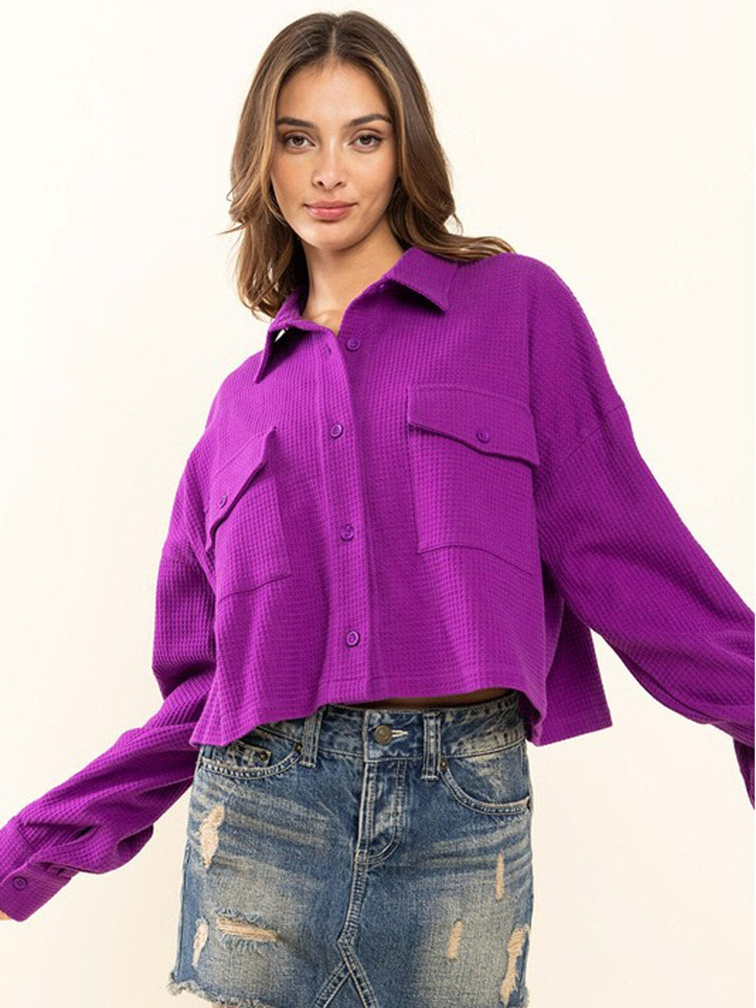 WOMEN'S LONG SLEEVE WAFFLE PRINT BUTTON UP TOP