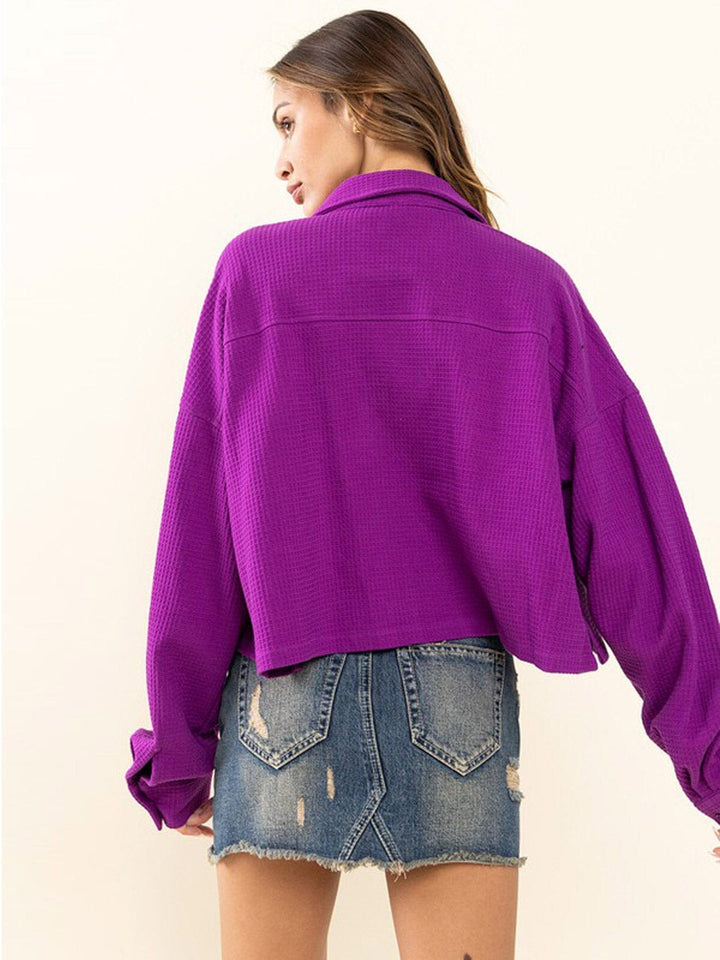 WOMEN'S LONG SLEEVE WAFFLE PRINT BUTTON UP TOP
