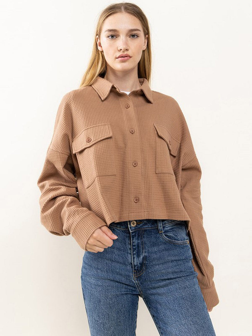 WOMEN'S LONG SLEEVE WAFFLE PRINT BUTTON UP TOP