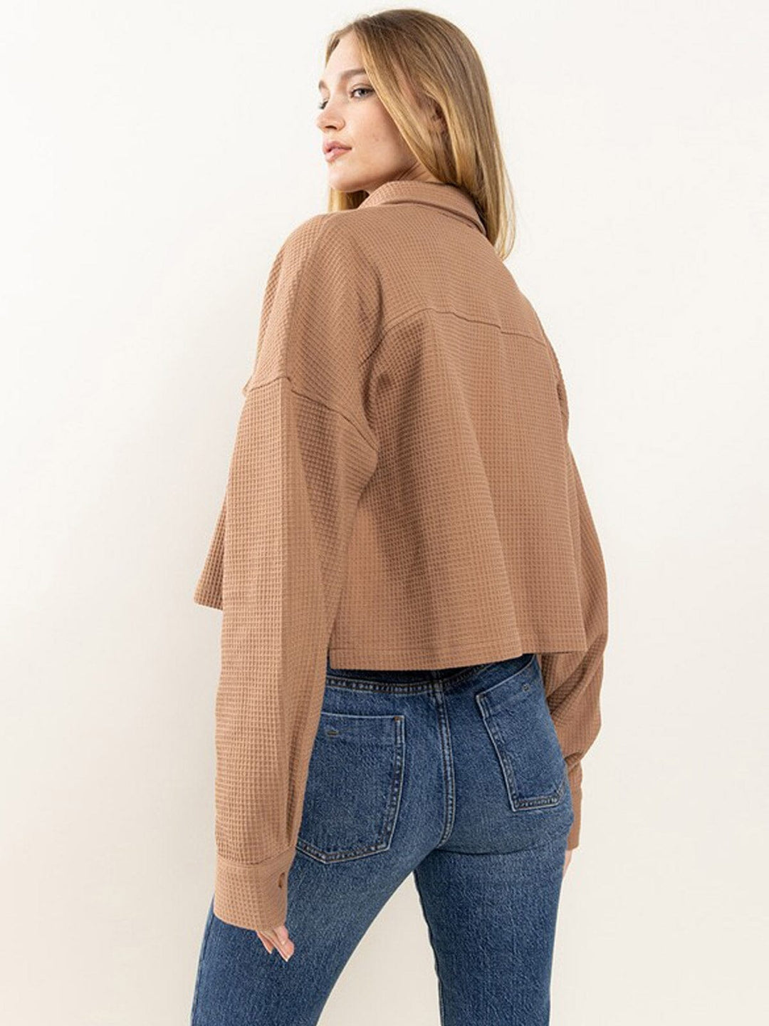 WOMEN'S LONG SLEEVE WAFFLE PRINT BUTTON UP TOP