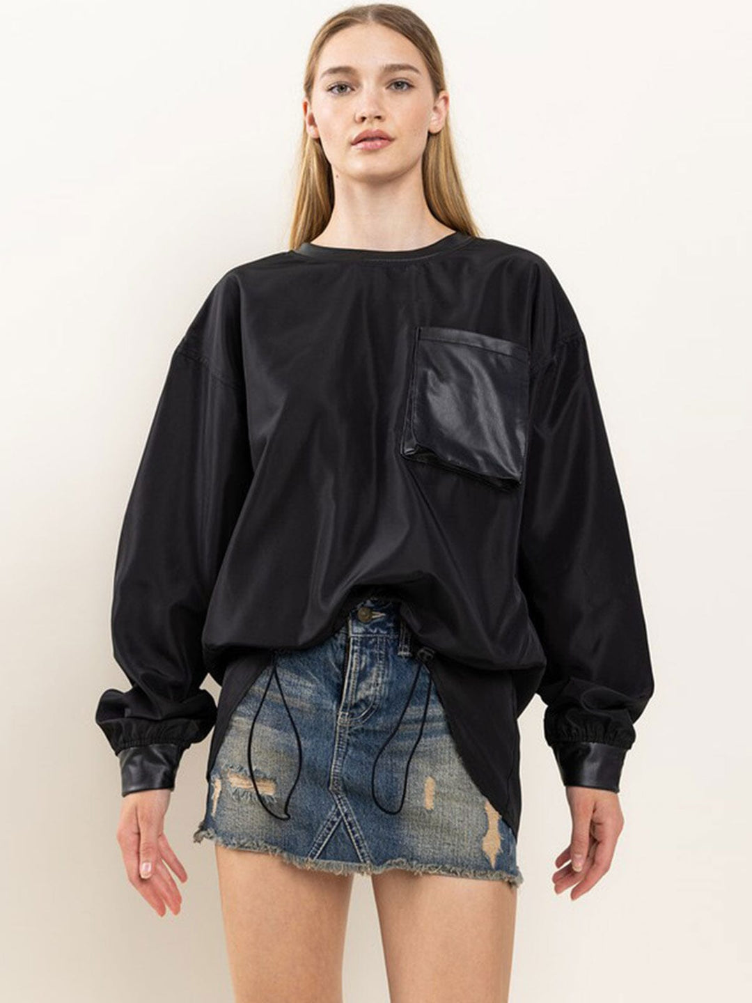 WOMEN'S LONG SLEEVE FRONT POCKET PU PLEATHER ADJUSTABLE WAIST PULLOVER SWEATER