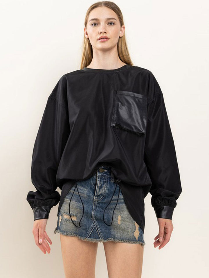 WOMEN'S LONG SLEEVE FRONT POCKET PU PLEATHER ADJUSTABLE WAIST PULLOVER SWEATER