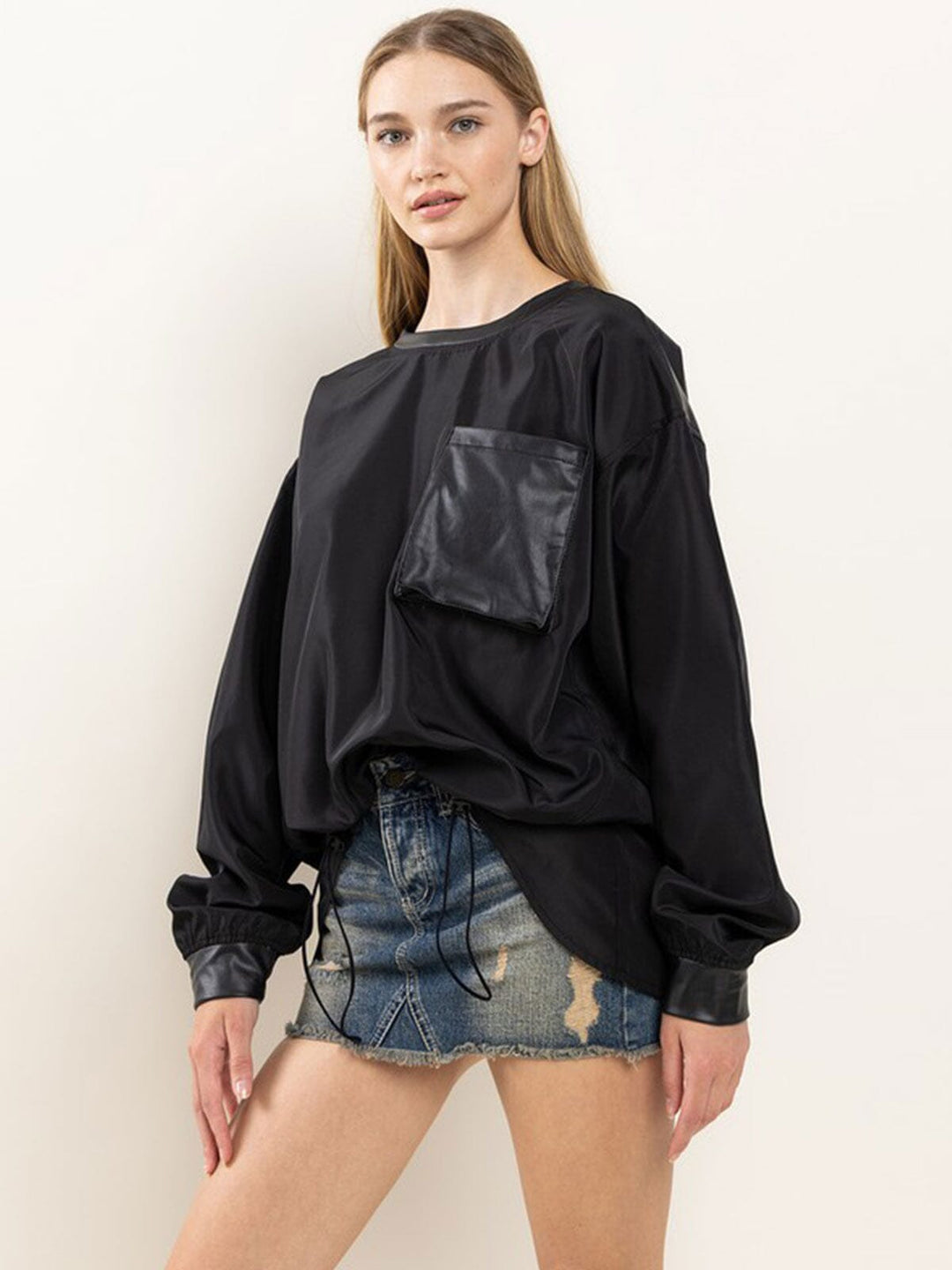 WOMEN'S LONG SLEEVE FRONT POCKET PU PLEATHER ADJUSTABLE WAIST PULLOVER SWEATER