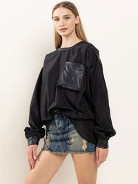 WOMEN'S LONG SLEEVE FRONT POCKET PU PLEATHER ADJUSTABLE WAIST PULLOVER SWEATER