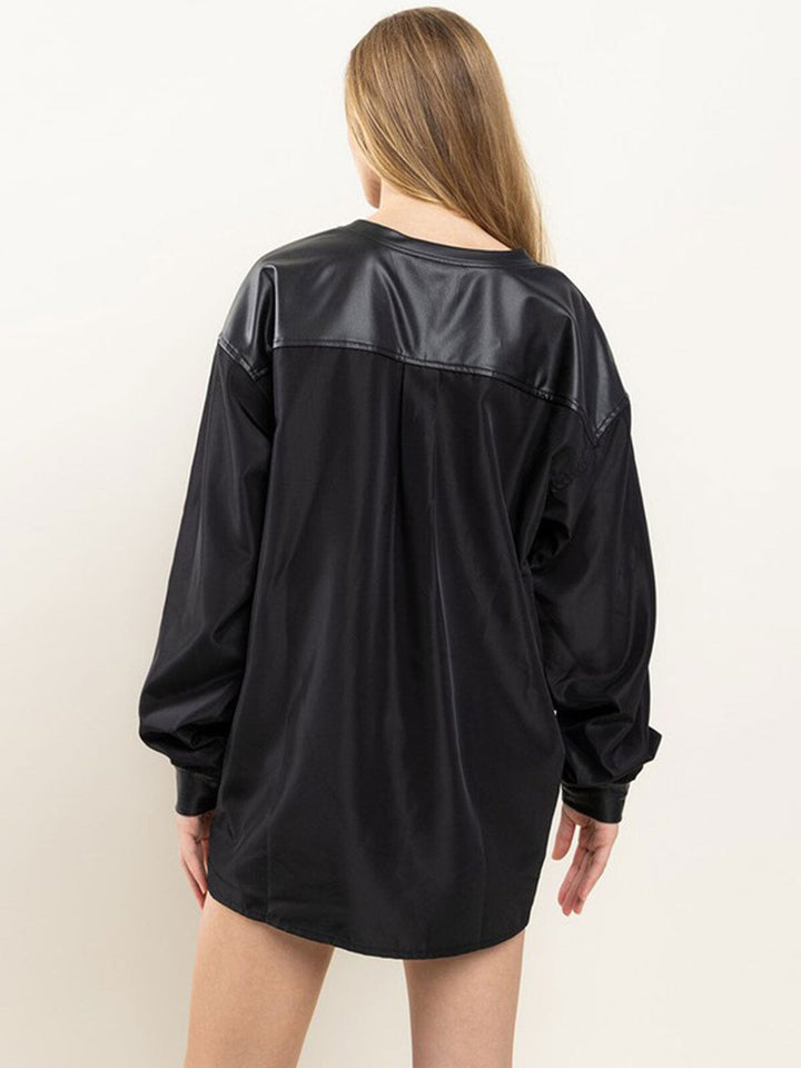 WOMEN'S LONG SLEEVE FRONT POCKET PU PLEATHER ADJUSTABLE WAIST PULLOVER SWEATER