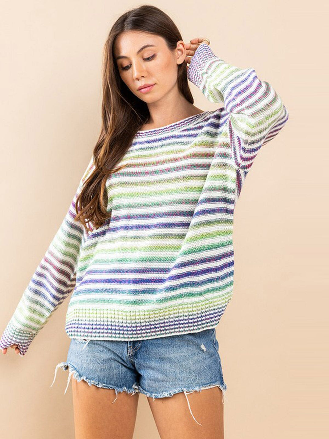 WOMEN'S LONG SLEEVE MULTI COLOR STRIPES SWEATER