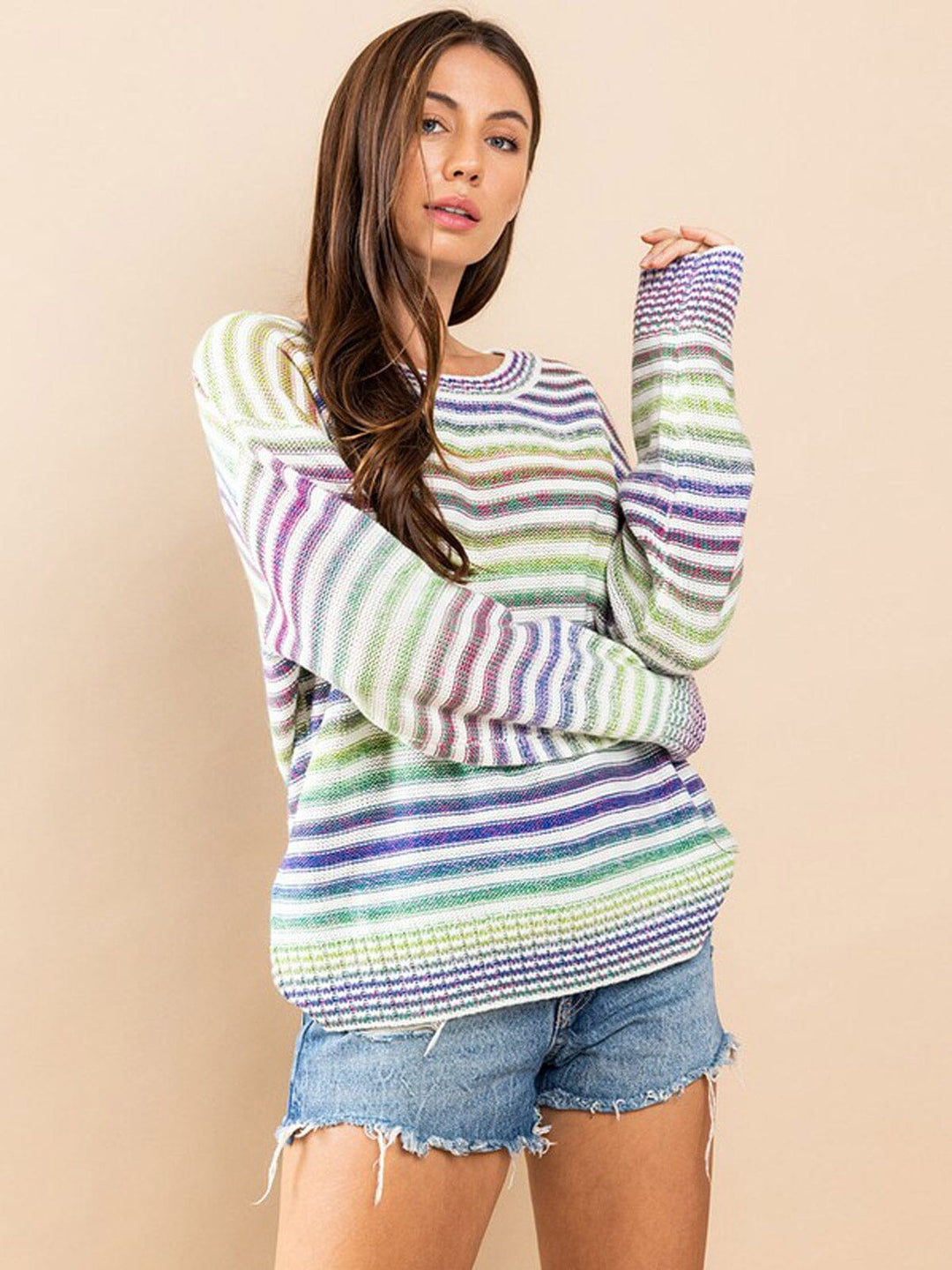 WOMEN'S LONG SLEEVE MULTI COLOR STRIPES SWEATER