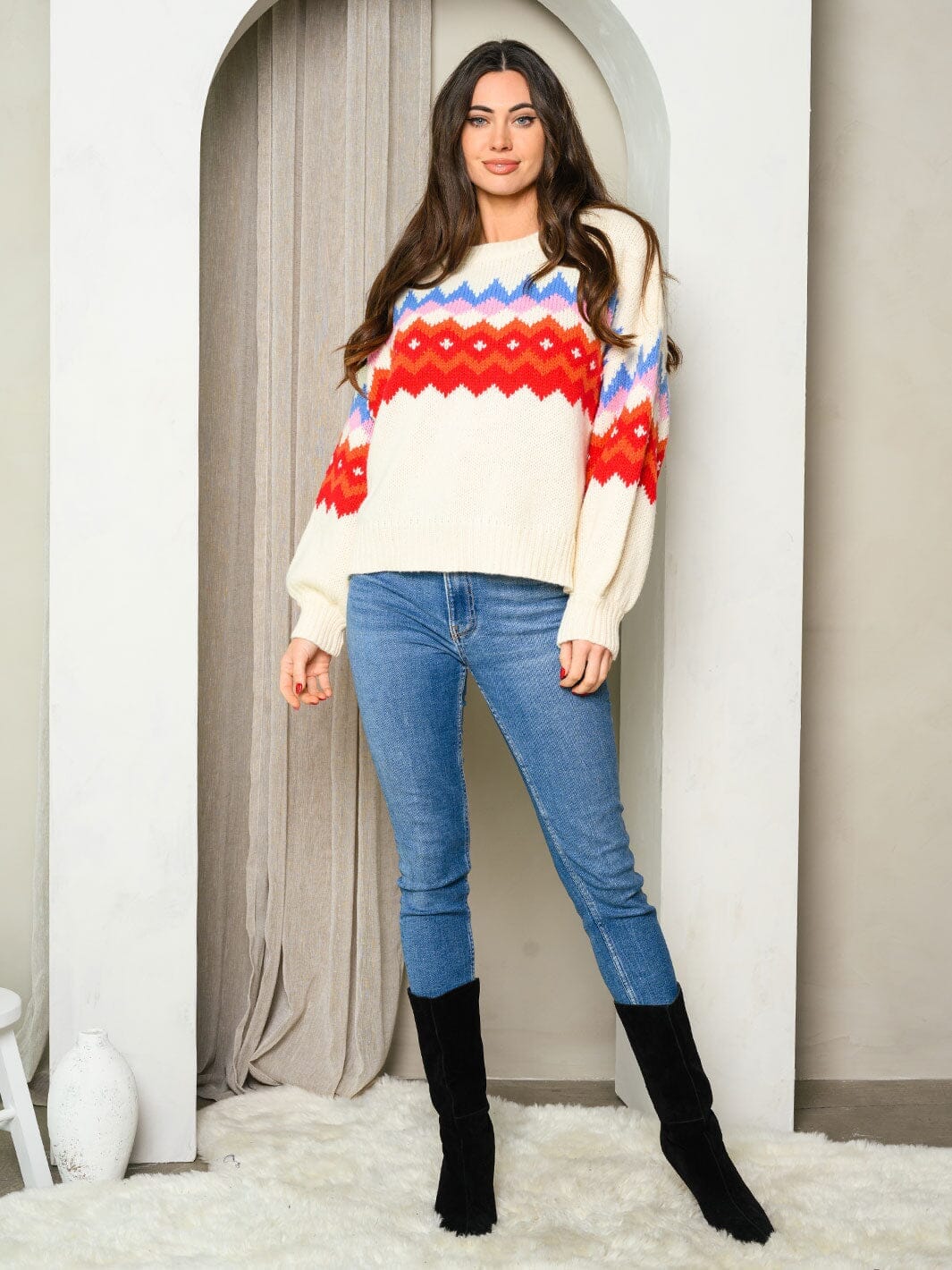 WOMEN'S LONG SLEEVE PRINT COLOR BLOCK KNIT SWEATER