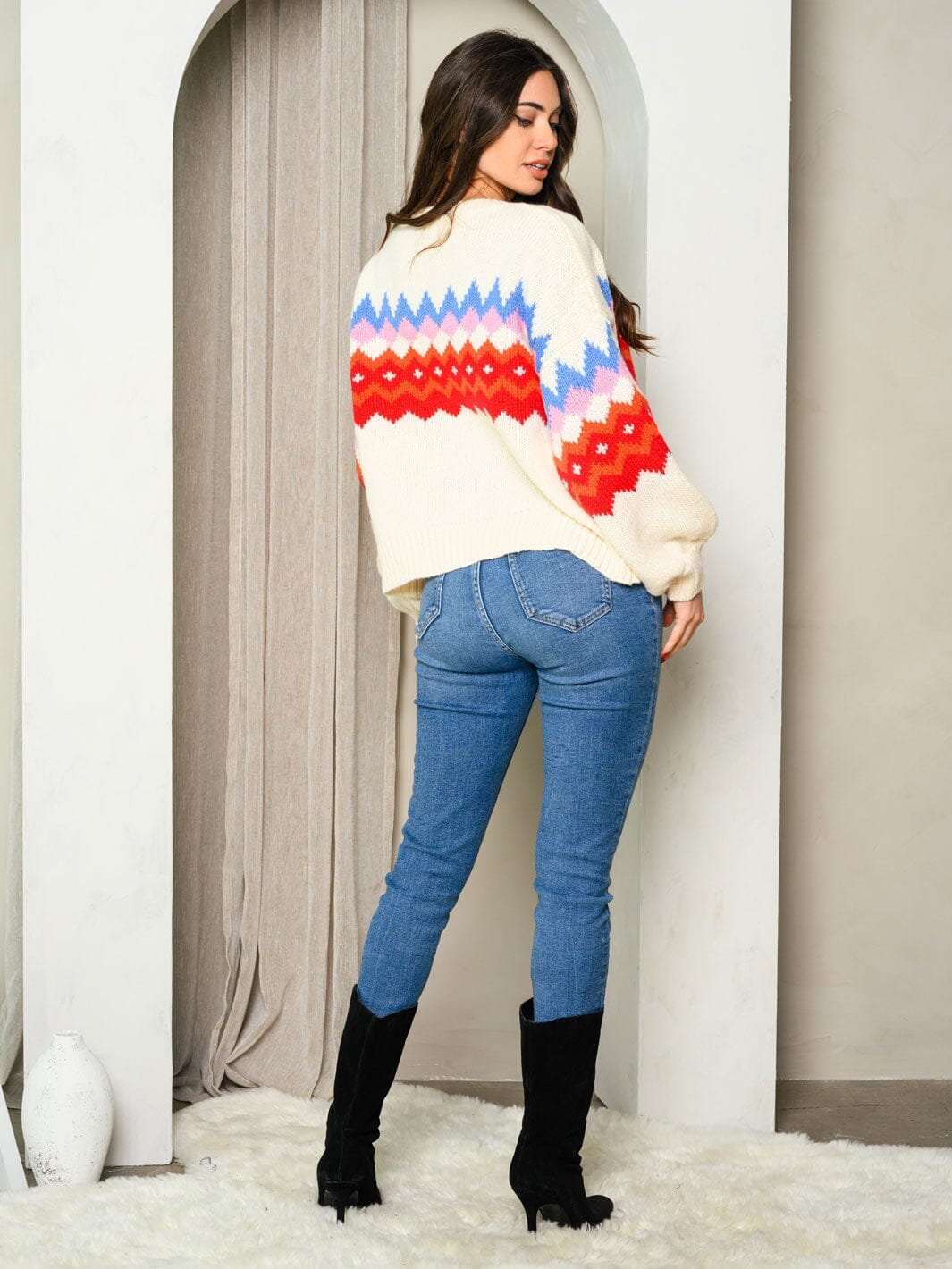 WOMEN'S LONG SLEEVE PRINT COLOR BLOCK KNIT SWEATER