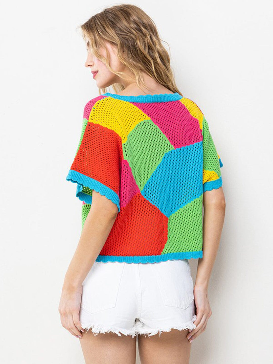 WOMEN'S SHORT SLEEVE COLORBLOCK TUNIC KNIT TOP