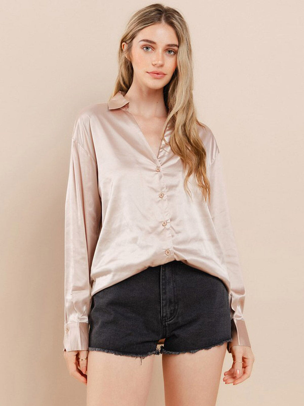 WOMEN'S LONG SLEEVE BUTTON UP SATIN BLOUSE TOP