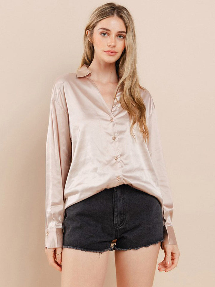 WOMEN'S LONG SLEEVE BUTTON UP SATIN BLOUSE TOP