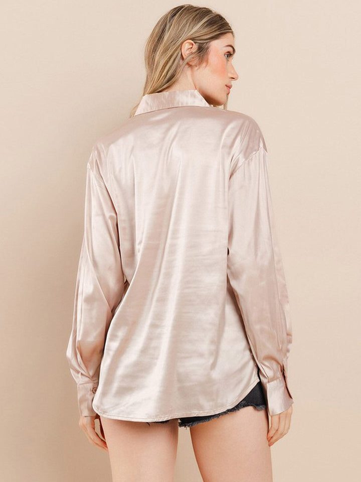WOMEN'S LONG SLEEVE BUTTON UP SATIN BLOUSE TOP