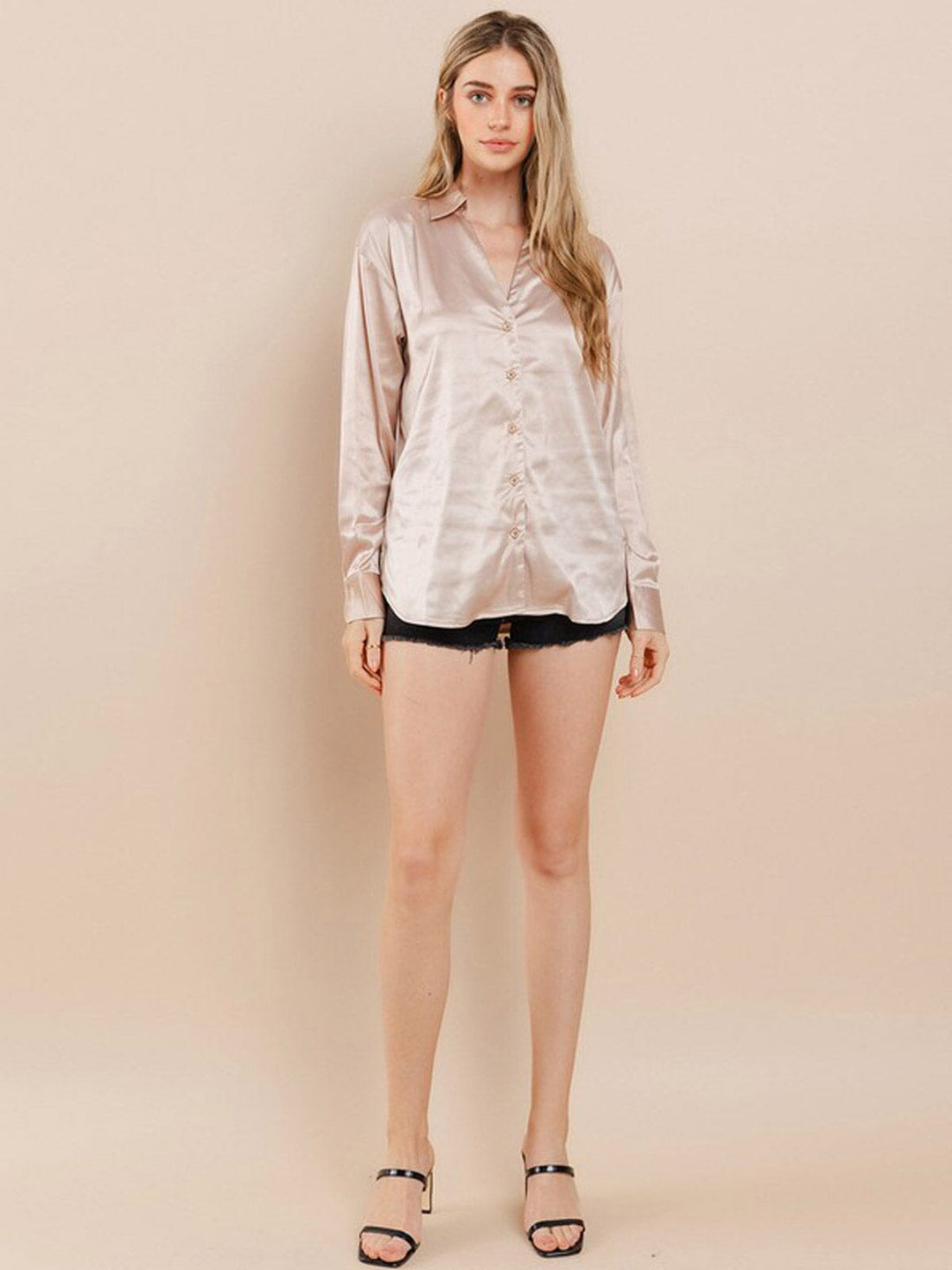 WOMEN'S LONG SLEEVE BUTTON UP SATIN BLOUSE TOP