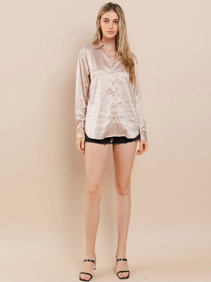 WOMEN'S LONG SLEEVE BUTTON UP SATIN BLOUSE TOP