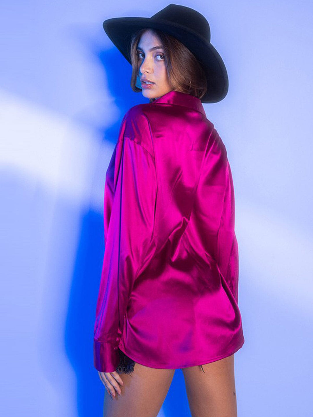 WOMEN'S LONG SLEEVE BUTTON UP SATIN BLOUSE TOP