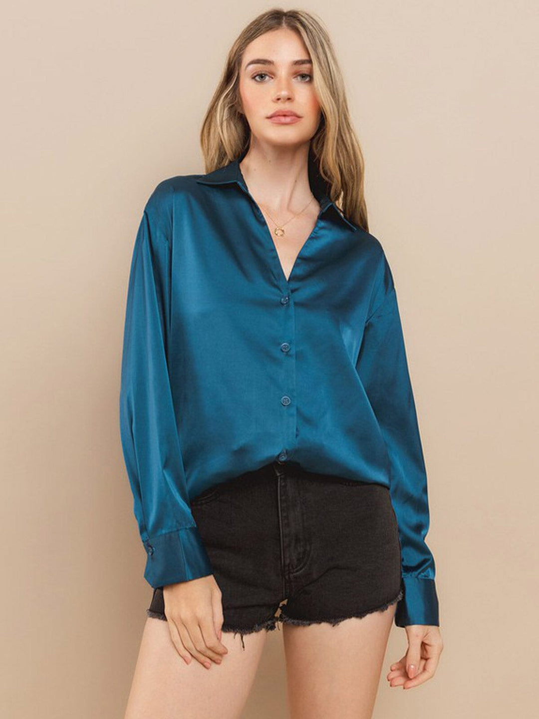 WOMEN'S LONG SLEEVE BUTTON UP SATIN BLOUSE TOP