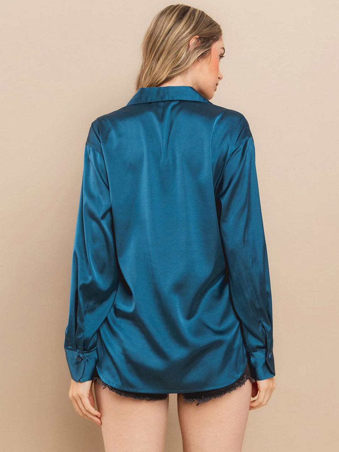 WOMEN'S LONG SLEEVE BUTTON UP SATIN BLOUSE TOP