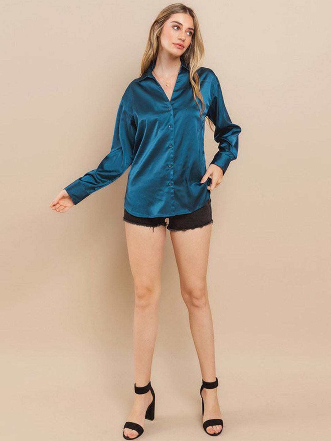 WOMEN'S LONG SLEEVE BUTTON UP SATIN BLOUSE TOP