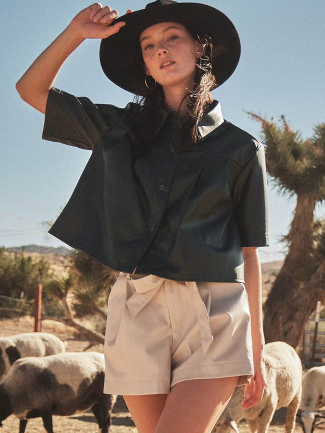 WOMEN'S SHORT SLEEVE BUTTON DOWN PU PLEATHER BLOUSE