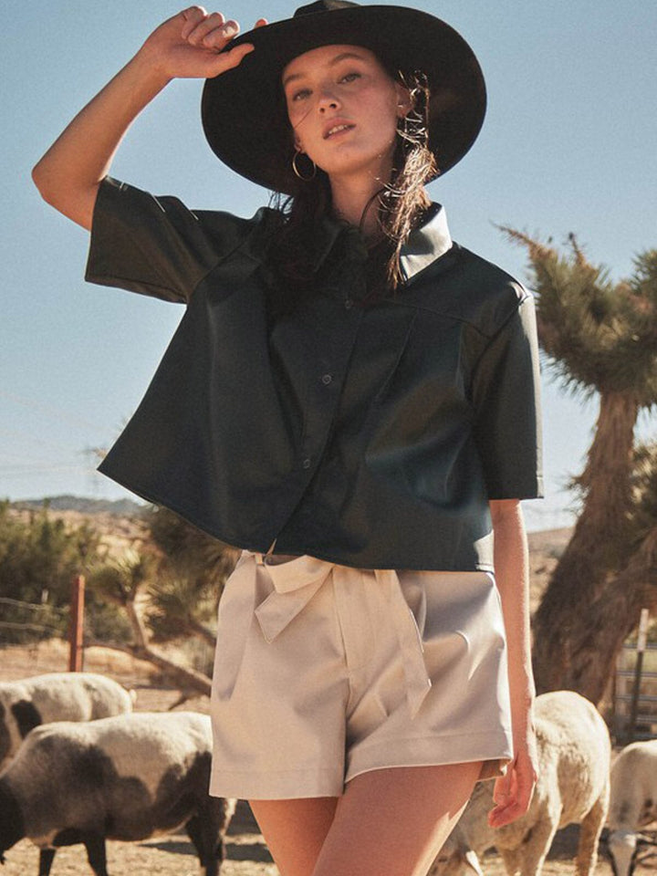 WOMEN'S SHORT SLEEVE BUTTON DOWN PU PLEATHER BLOUSE