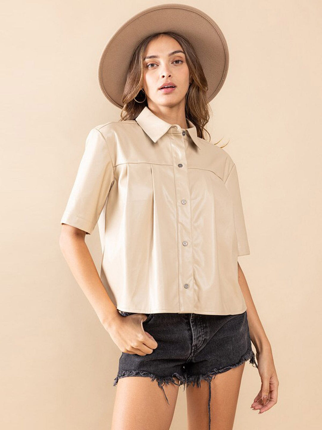 WOMEN'S SHORT SLEEVE BUTTON DOWN PU PLEATHER BLOUSE