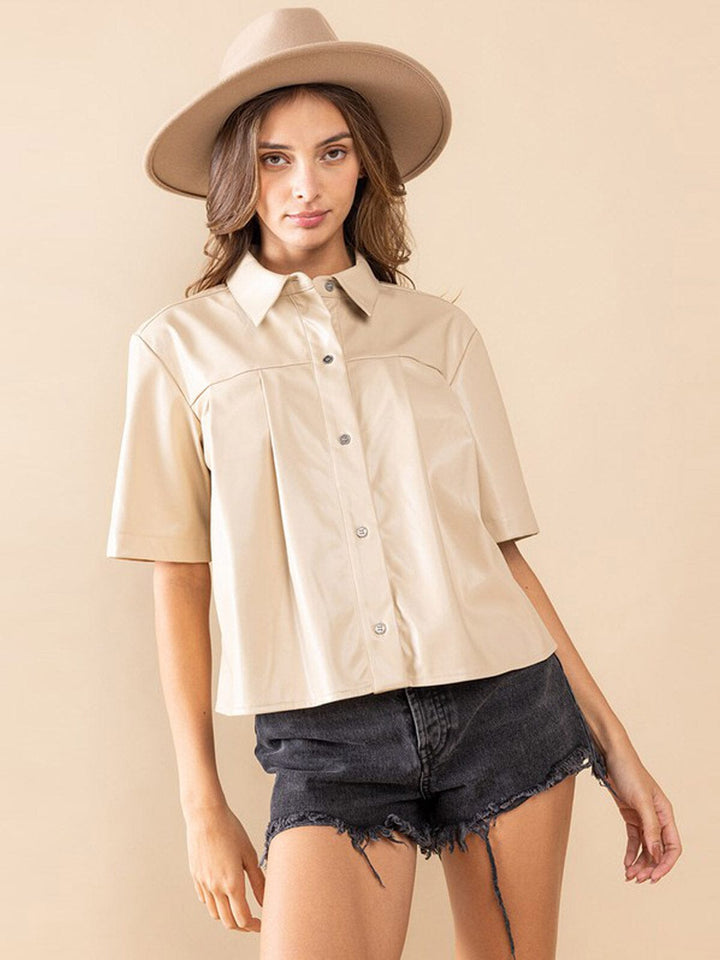 WOMEN'S SHORT SLEEVE BUTTON DOWN PU PLEATHER BLOUSE