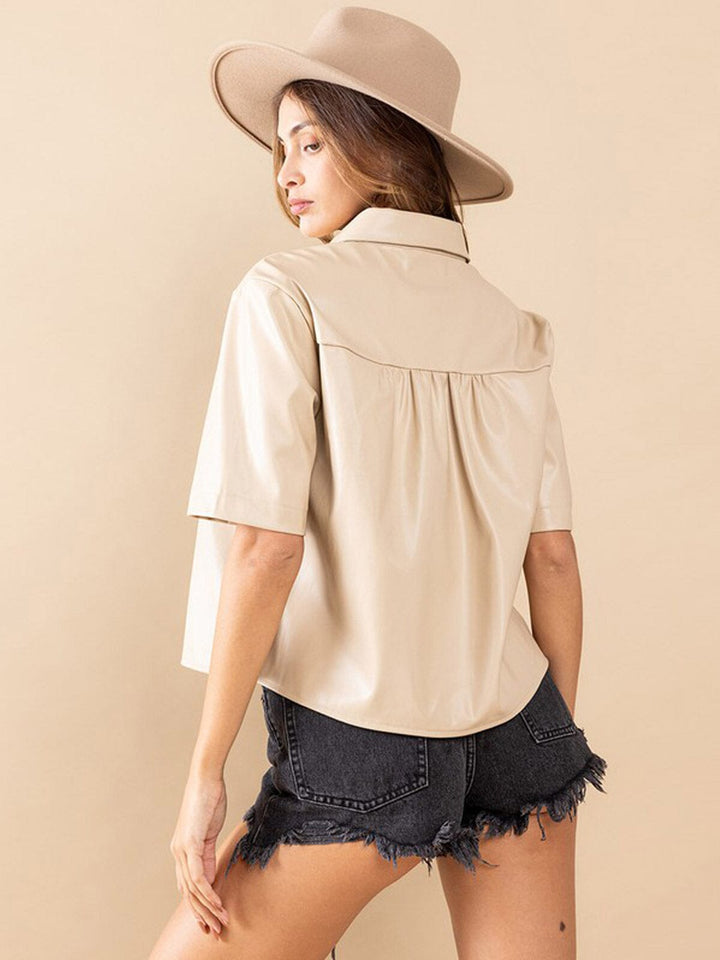 WOMEN'S SHORT SLEEVE BUTTON DOWN PU PLEATHER BLOUSE