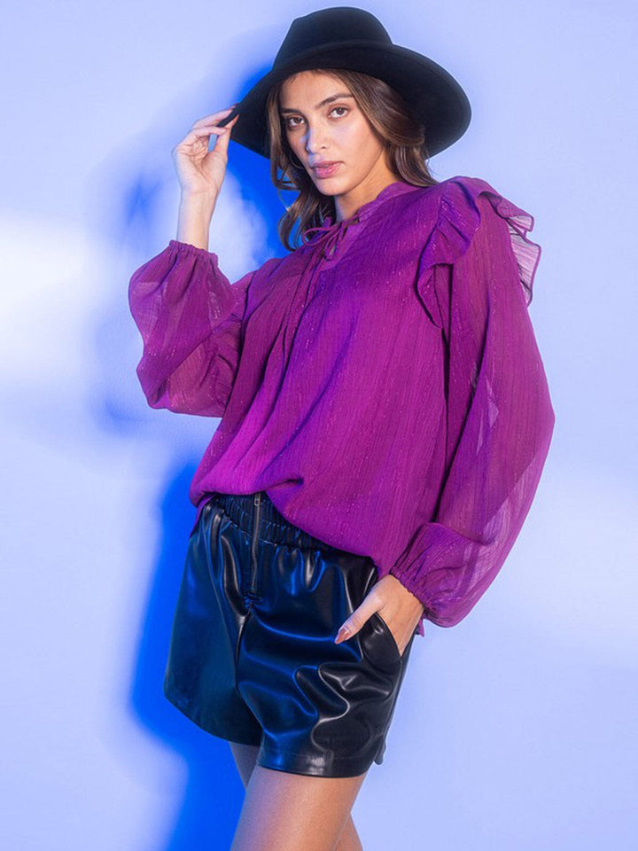WOMEN'S LONG SLEEVE RUFFLE SHIMMER BLOUSE TOP