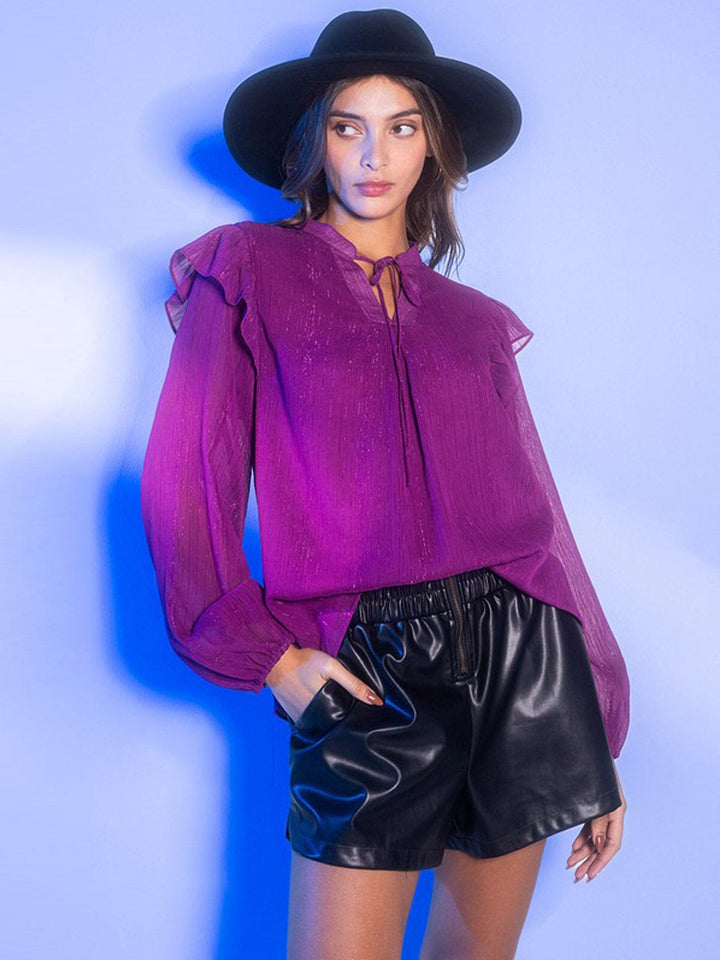 WOMEN'S LONG SLEEVE RUFFLE SHIMMER BLOUSE TOP