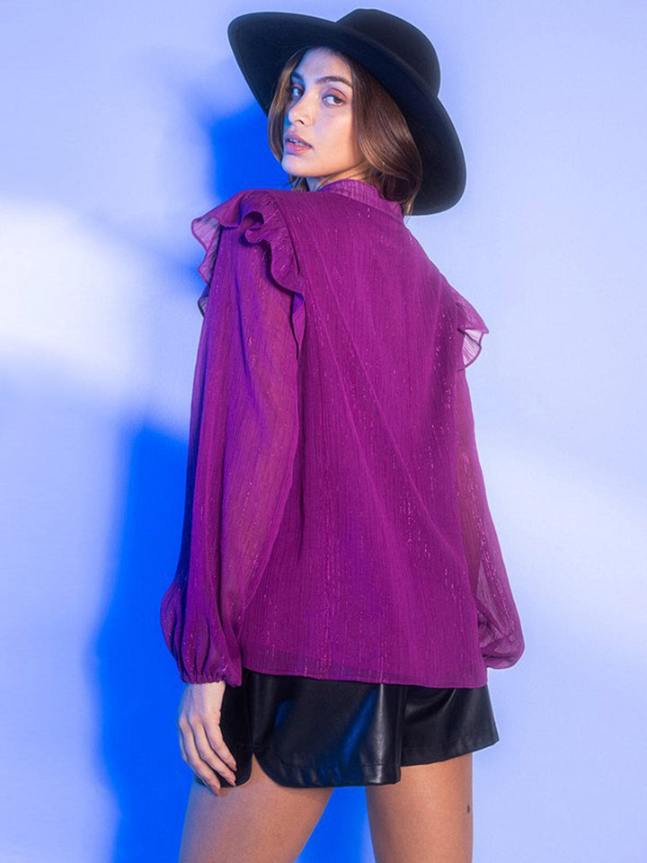 WOMEN'S LONG SLEEVE RUFFLE SHIMMER BLOUSE TOP