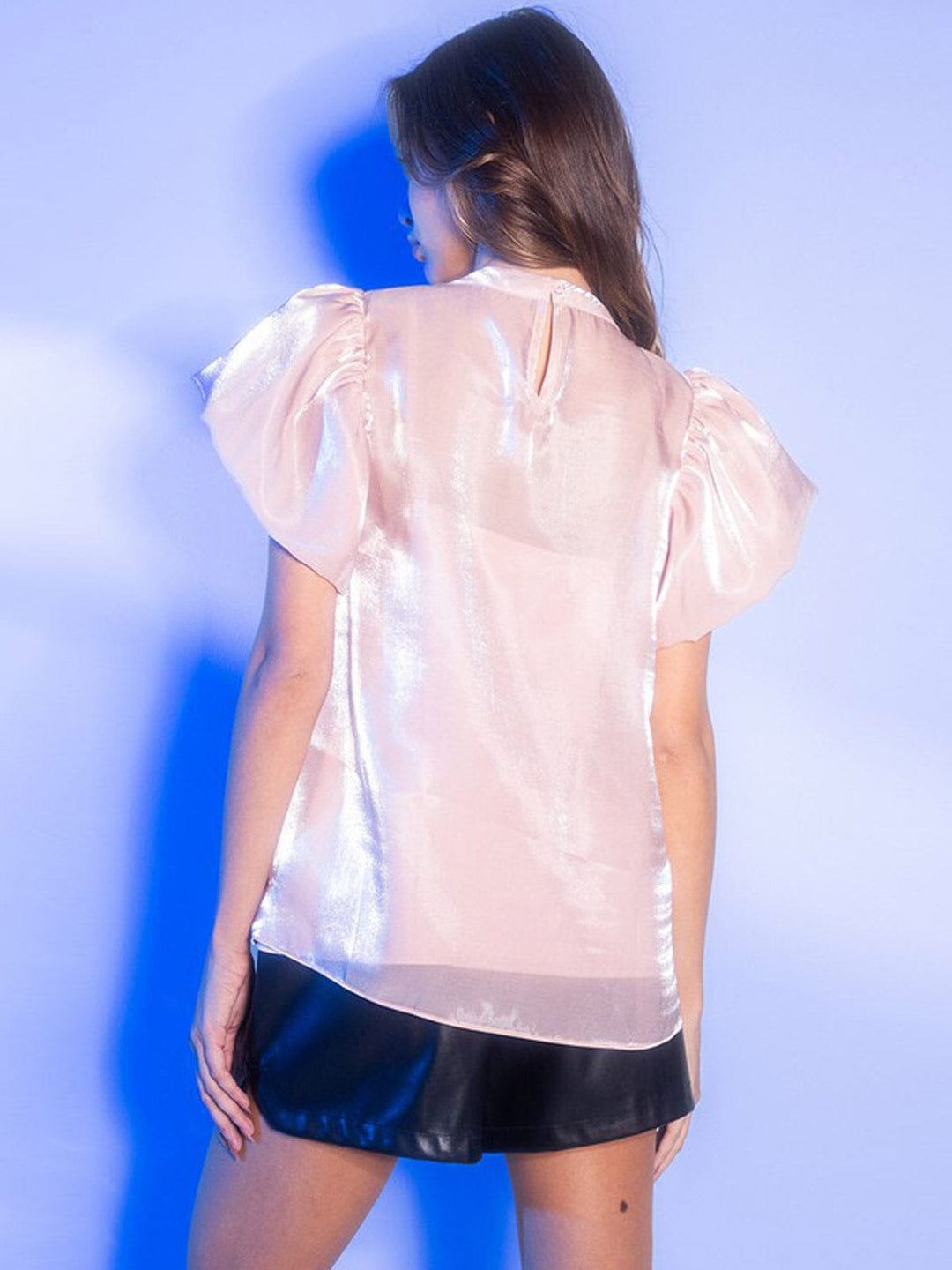 WOMEN'S SHORT PUFF SLEEVE SHIMMER BLOUSE TOP