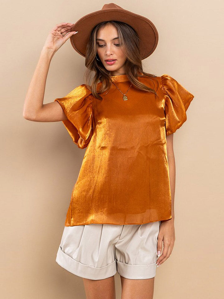 WOMEN'S SHORT PUFF SLEEVE SHIMMER BLOUSE TOP