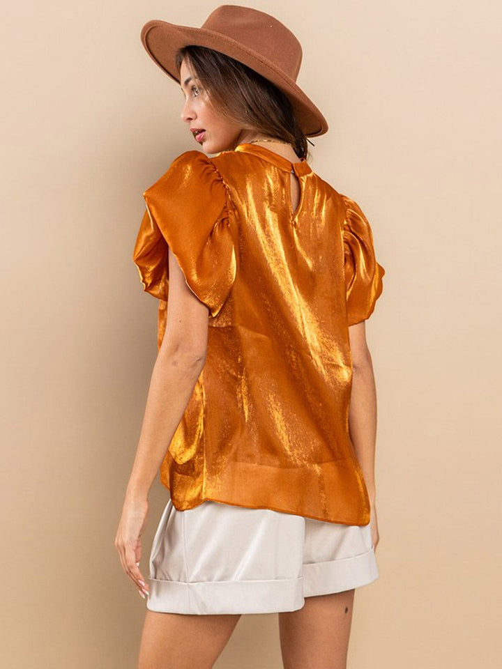 WOMEN'S SHORT PUFF SLEEVE SHIMMER BLOUSE TOP