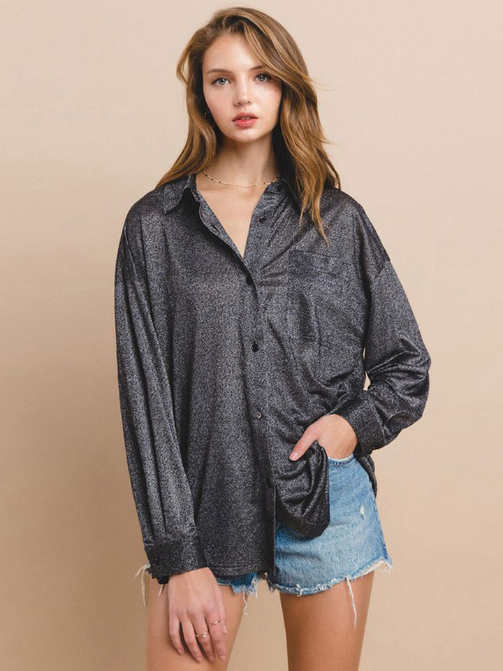 WOMEN'S LONG SLEEVE BUTTON UP POCKETS SHIMMER BLOUSE TOP