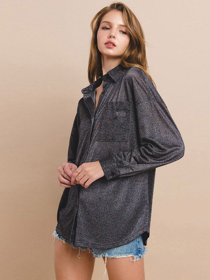 WOMEN'S LONG SLEEVE BUTTON UP POCKETS SHIMMER BLOUSE TOP
