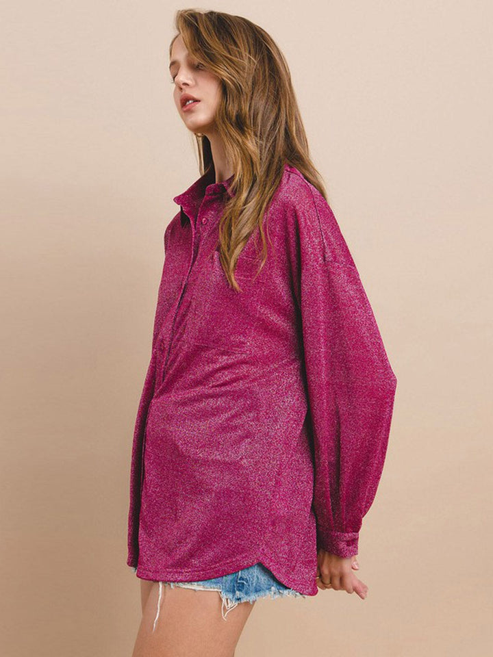 WOMEN'S LONG SLEEVE BUTTON UP POCKETS SHIMMER BLOUSE TOP