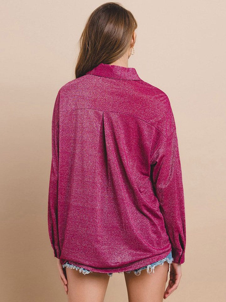 WOMEN'S LONG SLEEVE BUTTON UP POCKETS SHIMMER BLOUSE TOP