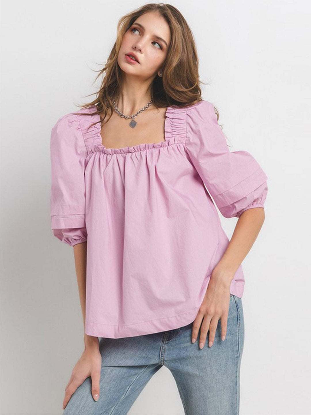WOMEN'S SHORT SLEEVE SQUARE NECK TUNIC BLOUSE