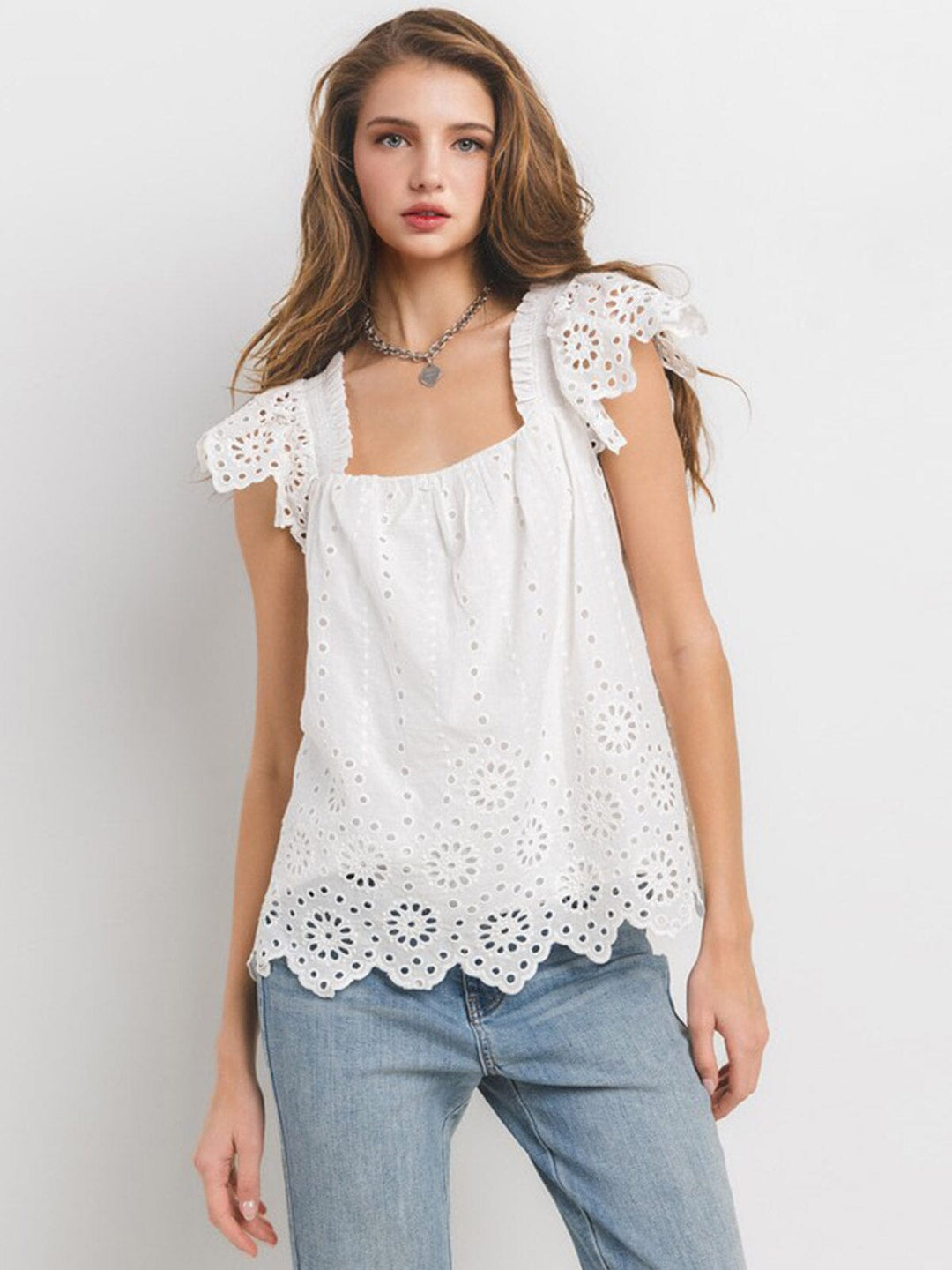 WOMEN'S RUFFLE SLEEVE EYELET TUNIC TANK TOP