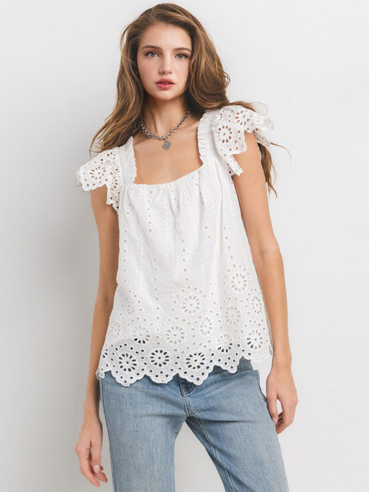 WOMEN'S RUFFLE SLEEVE EYELET TUNIC TANK TOP