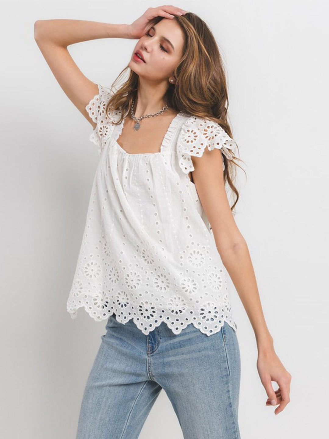 WOMEN'S RUFFLE SLEEVE EYELET TUNIC TANK TOP